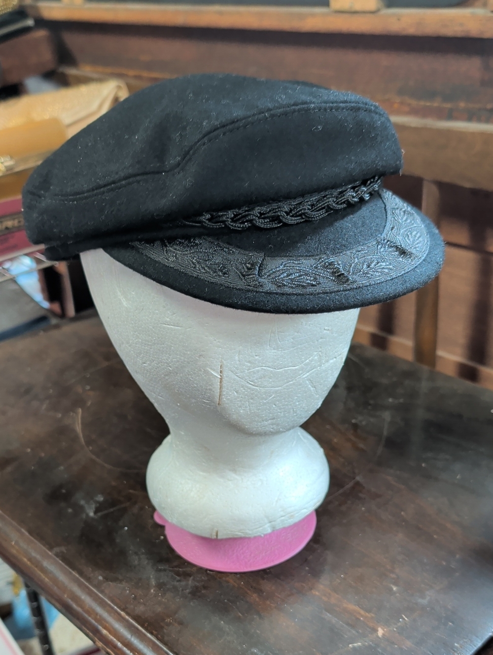 Aegean Style Greek Fisherman Cap Black Wool Sailor Fiddler Hat Medium 7 1/8